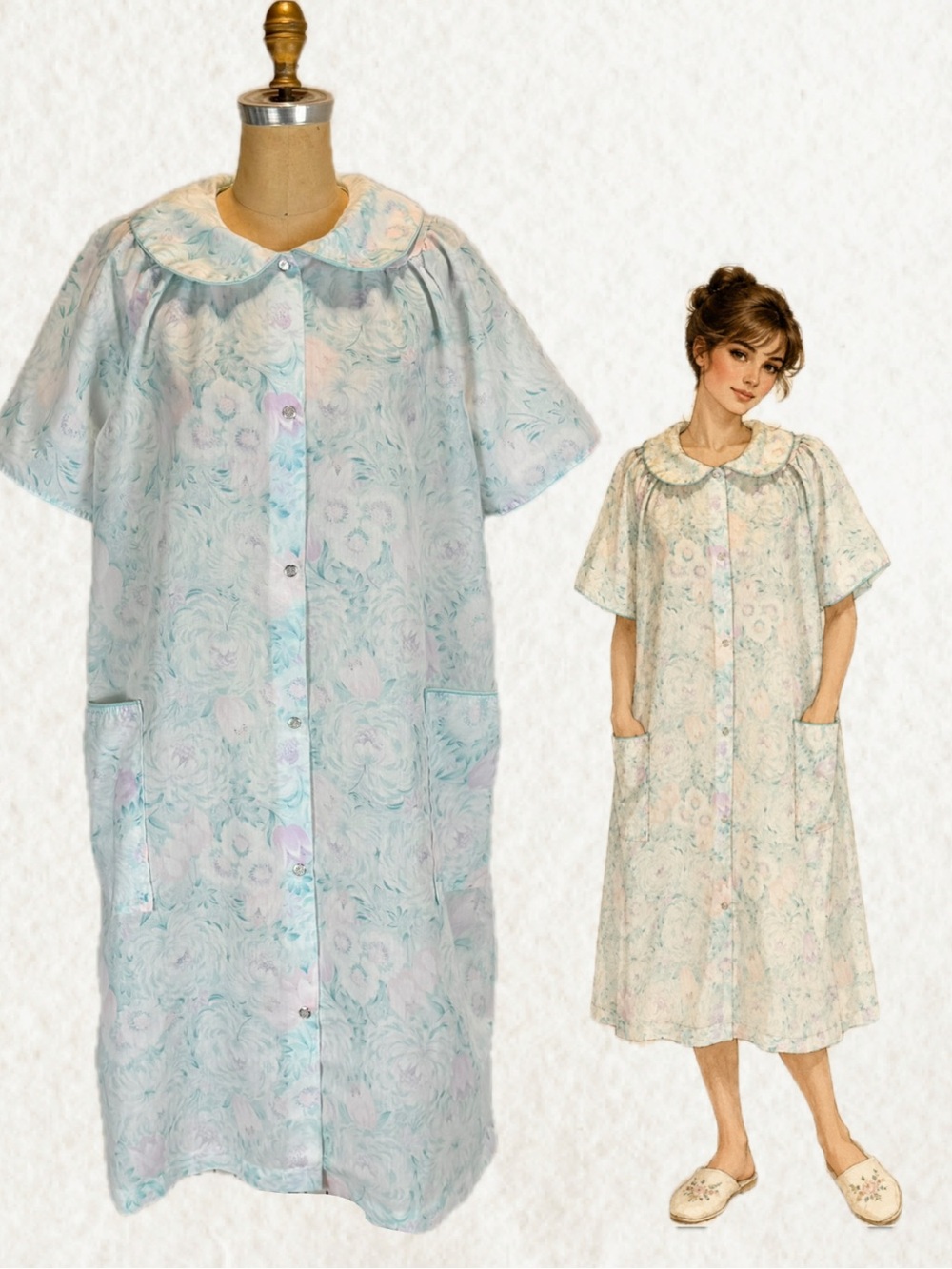 VINTAGE pastel cottage flower garden house dress lounge coat robe snap front 80s